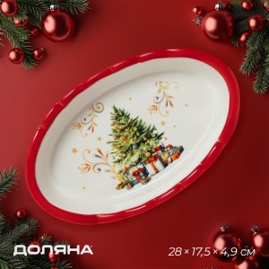 Блюдо для запекания новогоднее Доляна «Волшебное дерево», 28×17.5×4.9 см, доломит, белое, красное
